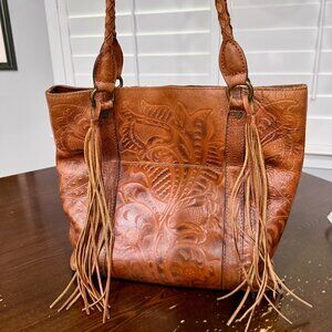 Patricia Nash Tooled Leather Tote Bag Fringe Braided Straps Brown